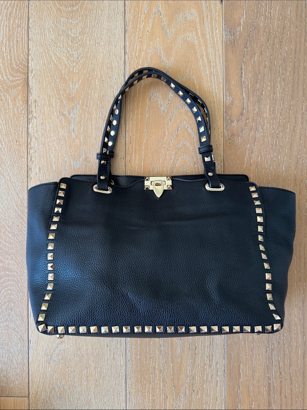 INZI Genuine Leather Black Studded Rockstud Style Tote Bag Gold Hardware Large